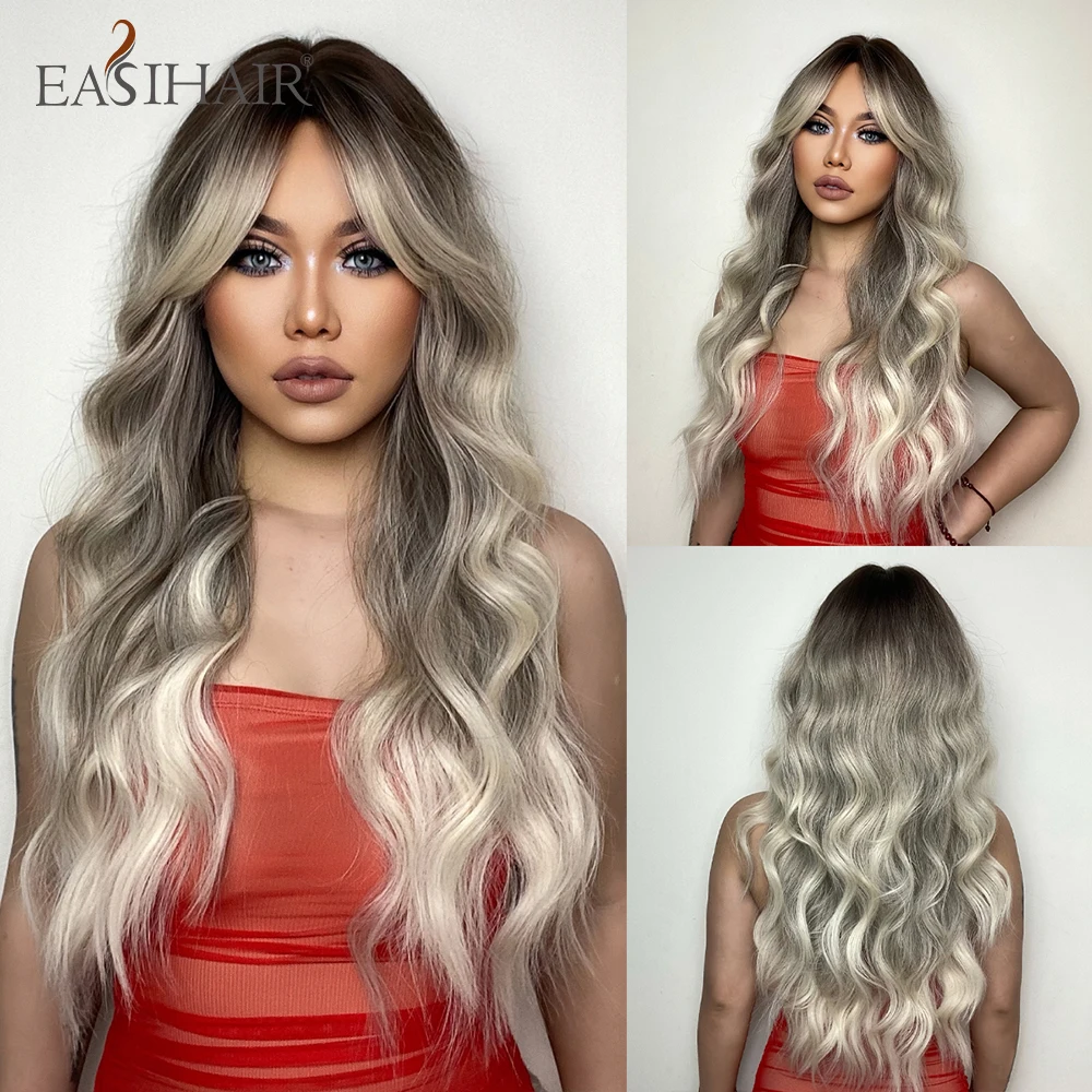 

EASIHAIR Brown Ash Blonde Ombre Synthetic Wigs Long Wavy with Bangs Natural Wig for Women Cosplay Daily Hair Heat Resistant Wig