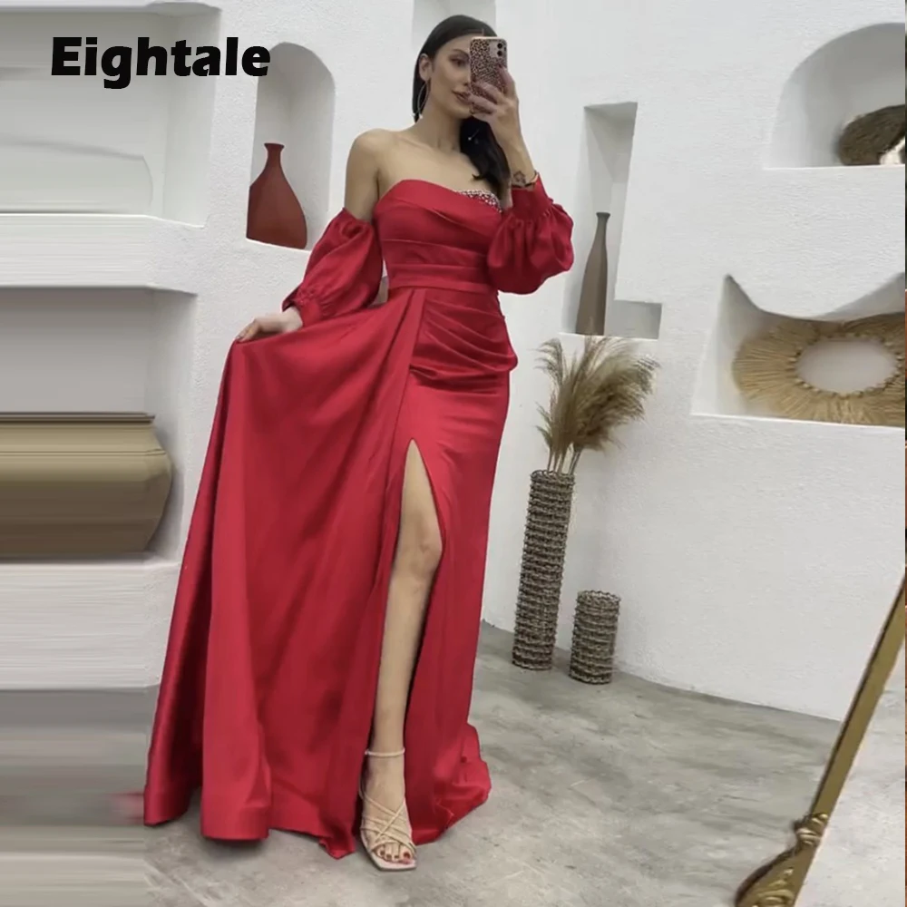 

Eightale Red Prom Dresses for Wedding Satin Sweetheart Beaded Puffy Sleeves Evening Gowns Arabic Party Dress robes de soirée