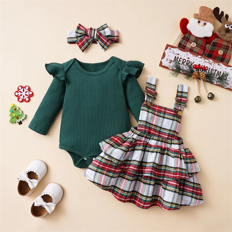 

Baby Girl Fall Outfits Solid Color Ribbed Crew Neck Long Sleeve Rompers Ruffles Plaid Suspender Skirts Headband 3Pcs Clothes Set