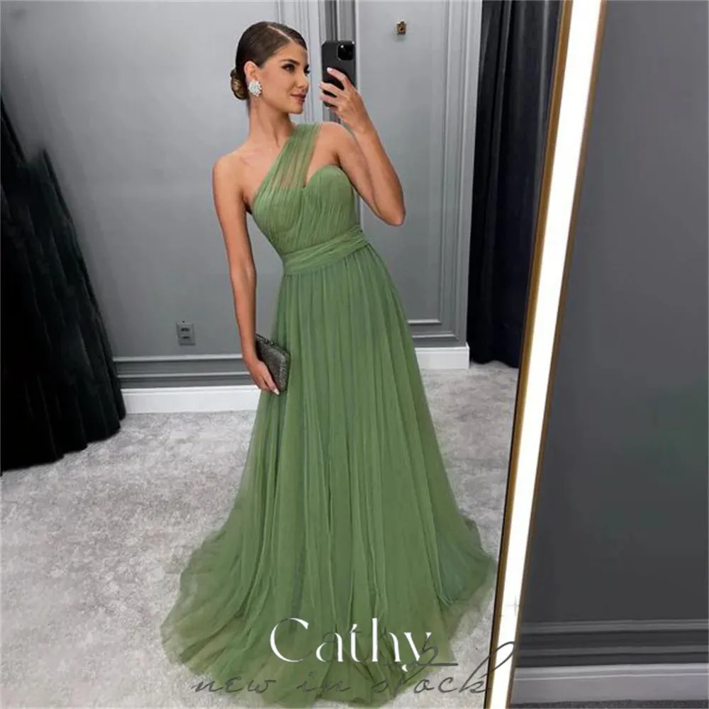 

Cathy Light Green Prom Dresses One Shoulder A-line فساتين السهرة Elegant Sleeveless Sweep Train Tulle vestidos verano moda 2024