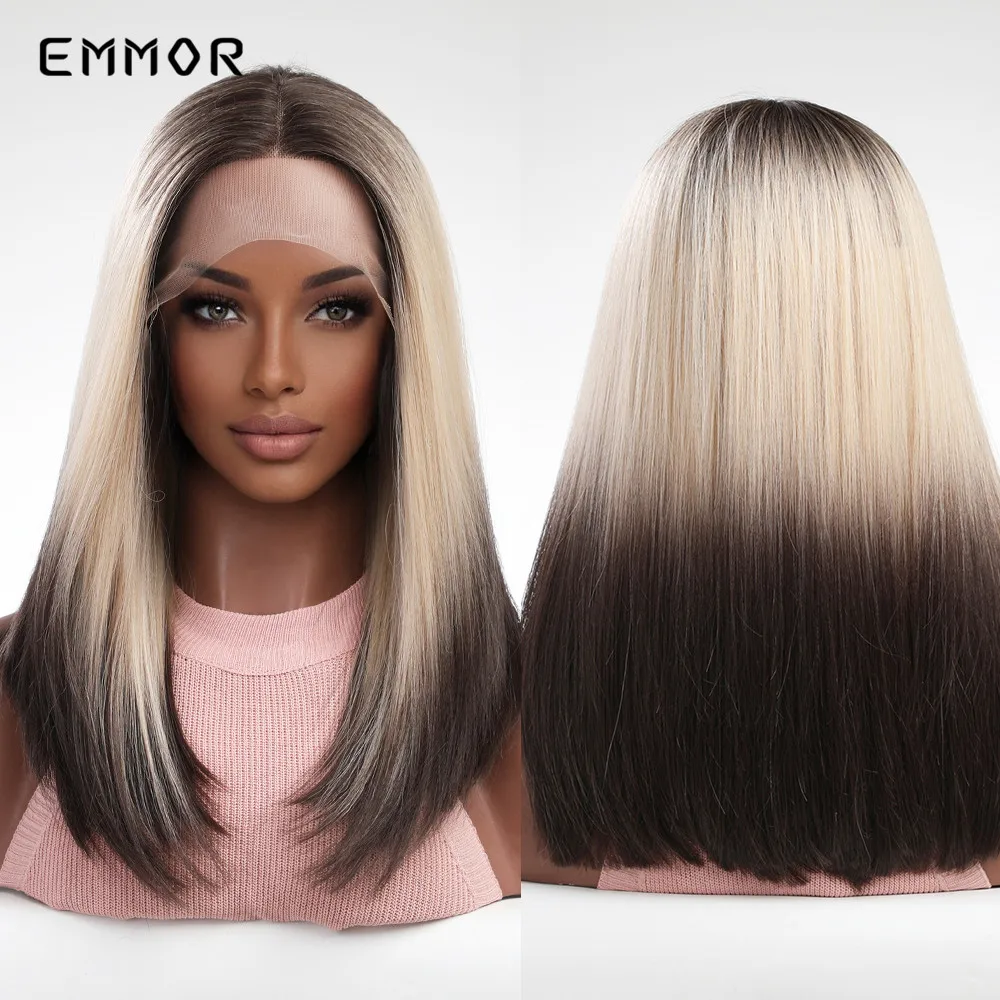 

Emmor Synthetic T-part Lace Wig Long Wavy Ombre Light Blonde to Brown Lace Wig Fashion Side Part Nature for Women Daily Wigs