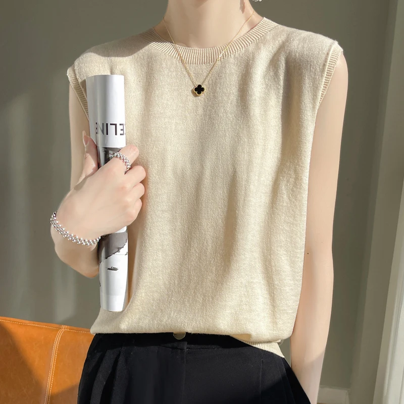 Женский жилет из шерсти с круглым вырезом и подкладкой спереди, повседневный трикотажный топ на бретелях без рукавов, лето 
Женский жилет из шерсти с круглым вырезом и подкладкой спереди, повседневный трикотажный топ на бретелях без рукавов, лето