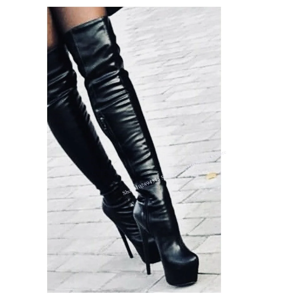 

Black Platform Over Knee High Boots Thin High Heel Cool Pointed Toe Fashion Novel Sexy Woman Shoes Winter Party Zapatillas Mujer