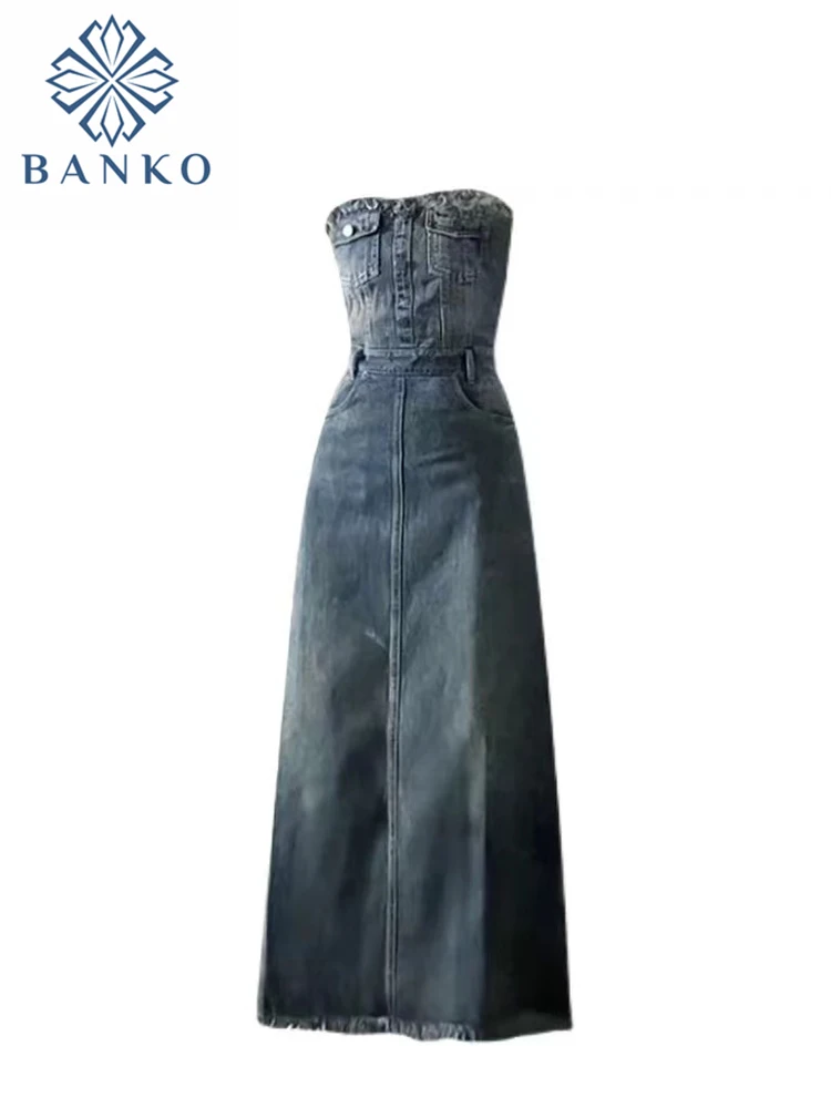 Spring Women Retro Solid Color Denim Strapless Frocks Multi-Pocket Design Mid-long Female Dress Ankle-Length Streetwear Vintage 
Spring Women Retro Solid Color Denim Strapless Frocks Multi-Pocket Design Mid-long Female Dress Ankle-Length Streetwear Vintage