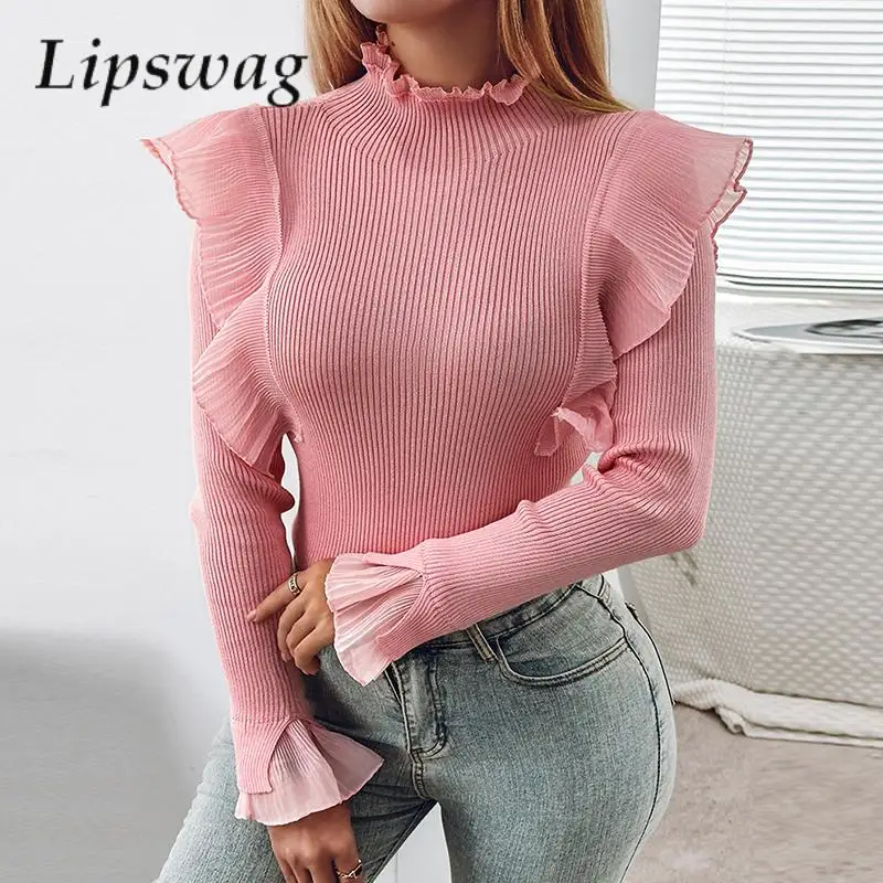 

Spring Turtleneck Women Pullover Tops Solid Color Fashion Autumn Long Sleeve Sweater Casual Patchwork Chiffon Ruffles Rib Shirt