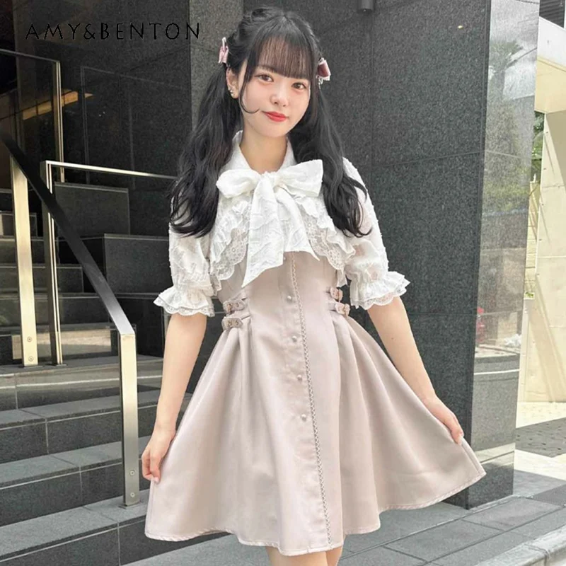 Japanese Style Lolita Sweet Dress Sets Bow Tie Lace Kawaii Short Sleeve Shirt Dress Lace Cape Slimming Two-Piece Set Dresses
Japanese Style Lolita Sweet Dress Sets Bow Tie Lace Kawaii Short Sleeve Shirt Dress Lace Cape Slimming Two-Piece Set Dresses