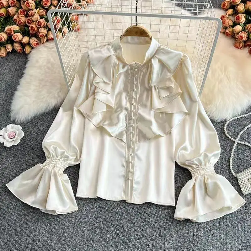 

Женская винтажная Блузка с оборками, однобортная элегантная рубашка во французском стиле с расширяющимся книзу рукавом и воротником-стойкой, весна-осень