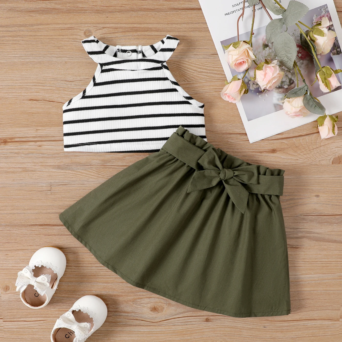 

PatPat 2pcs Baby Girl Stripe Ribbed Halter Neck Top and Belted Solid Skirt Set