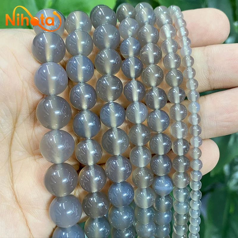 

4/6/8/10/12/14MM Natural Stone Smooth Gray Agates Round Loose Beads for Jewelry Making Diy Charms Bracelet Accessories 15"Strand