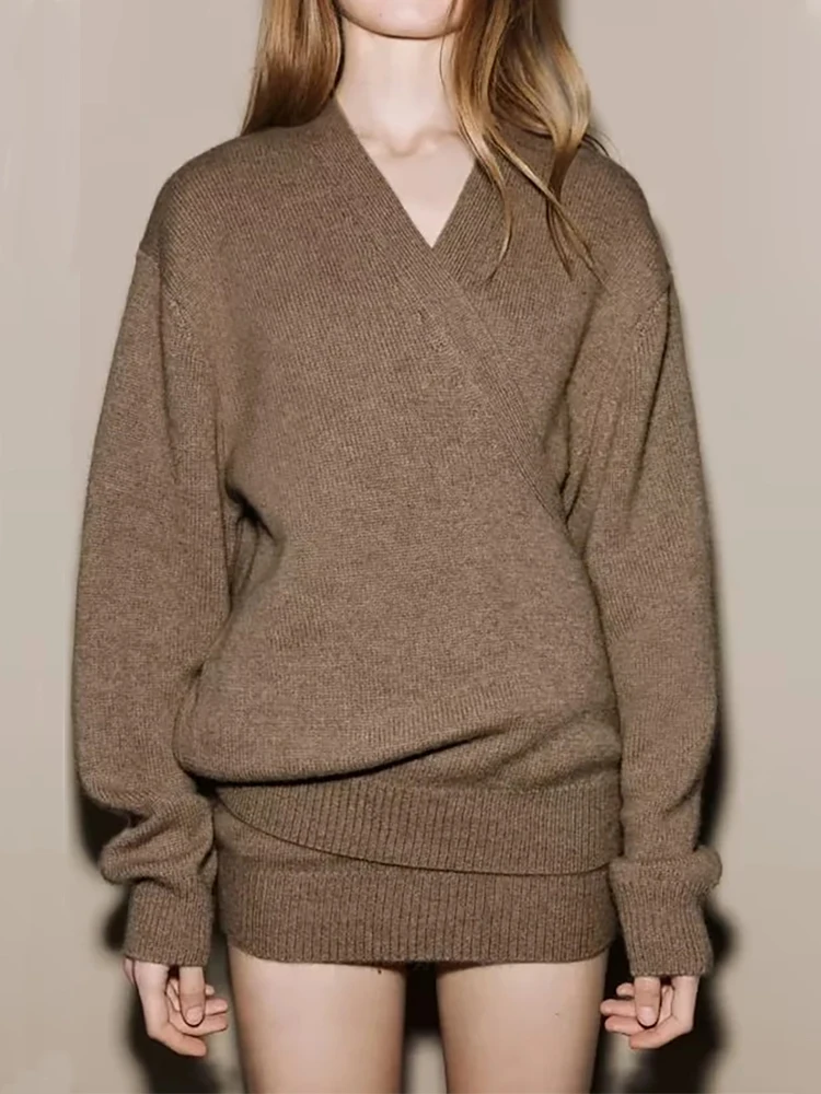 Womens Cross V-Neck Long Sleeve Woolen Autumn Winter Long Sweaters Female Fashion Knotted Asymmetrical Knitted Khaki Outwear
Womens Cross V-Neck Long Sleeve Woolen Autumn Winter Long Sweaters Female Fashion Knotted Asymmetrical Knitted Khaki Outwear