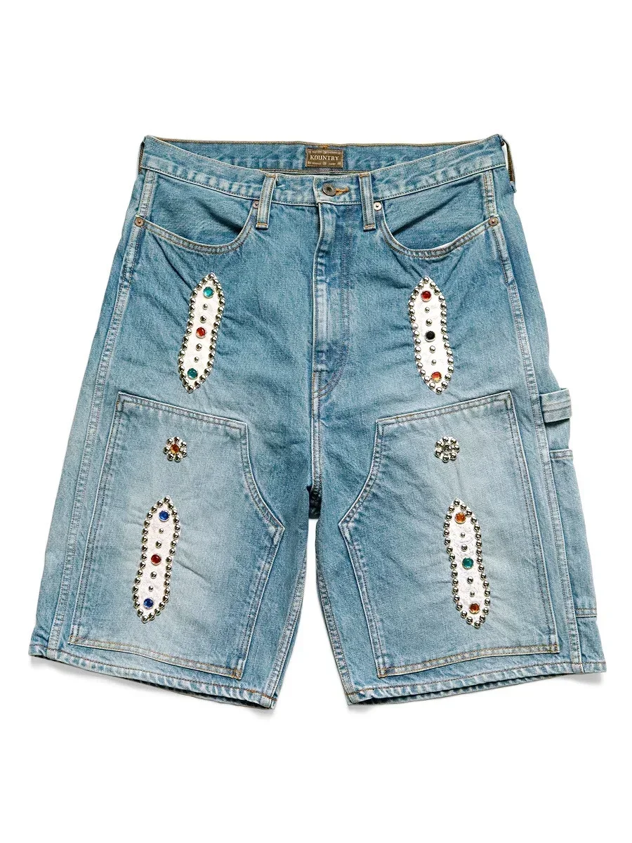 

Japan Non KAPITAL Hirata Hiroshi 23SS New Blue Dyed Retro Made Old Wash Loose Rivet Inlaid Gem Denim Shorts Jeans