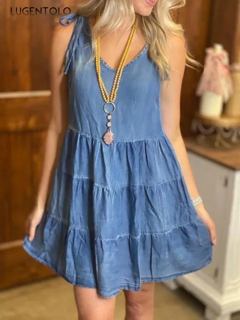 Lugentolo Women Slim Denim Dress New Round Neck Suspenders Blue Hotsweet Thin Summer Female Casual Pleated Pullover Short Dress
Lugentolo Women Slim Denim Dress New Round Neck Suspenders Blue Hotsweet Thin Summer Female Casual Pleated Pullover Short Dress