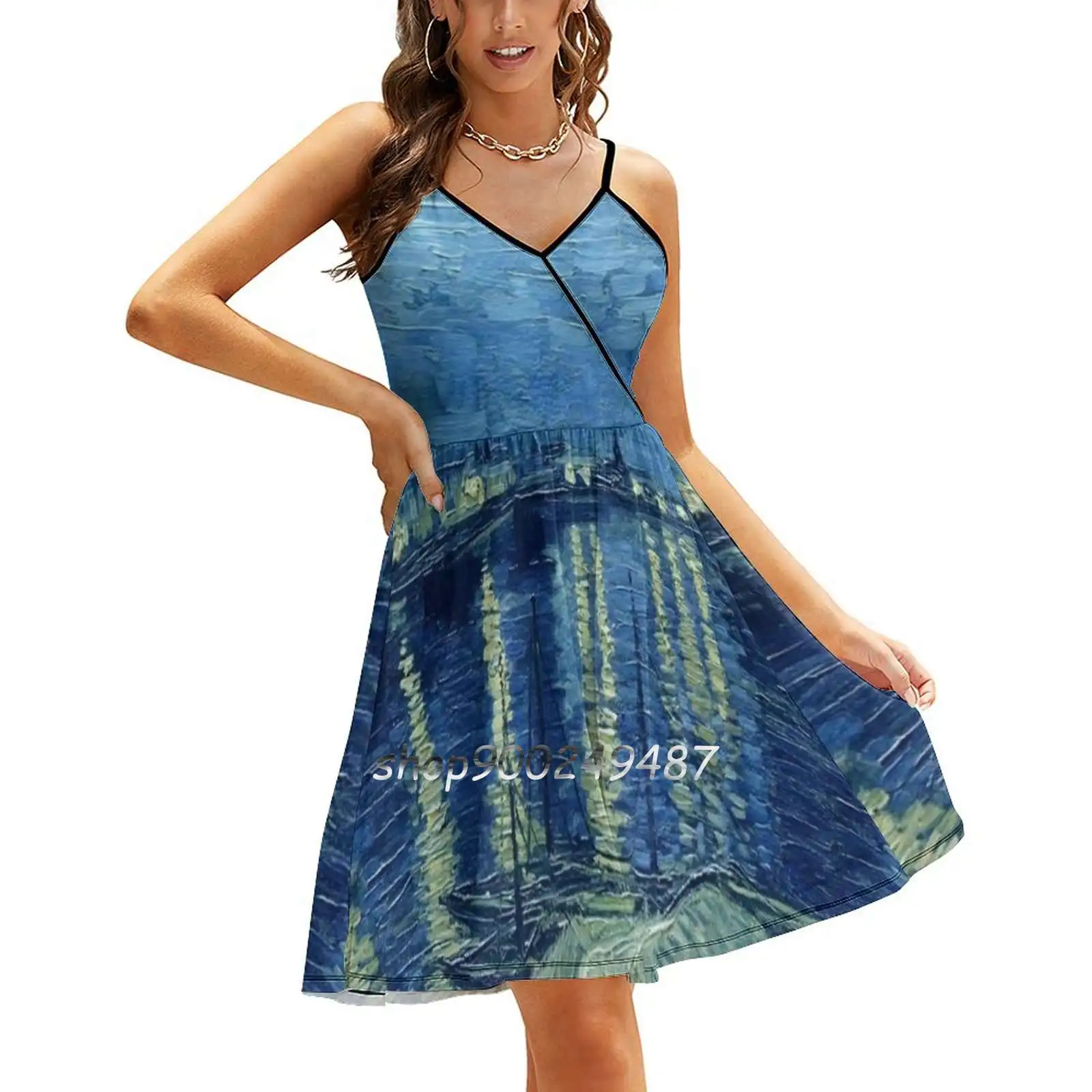 

Vincent Van Gogh-Starry Night Over The Rhone Sling Dress Summer Dress Sling Sexy A Line Dress Fashion Female Dress Vincent Van