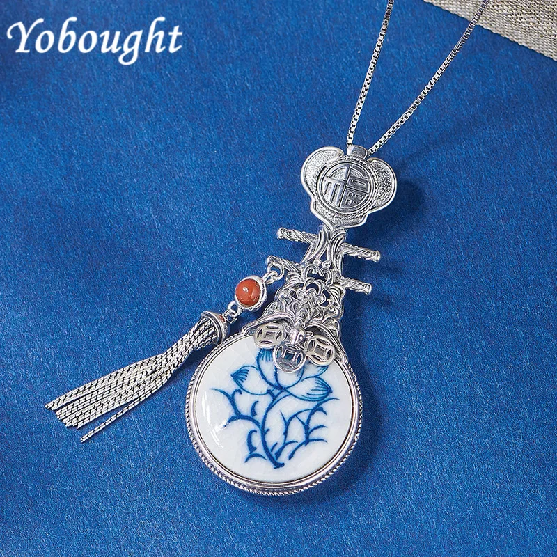 

S925 sterling silver large pendants for women Ark flower pipa hand-painted blue and white porcelain jewelry free shipping