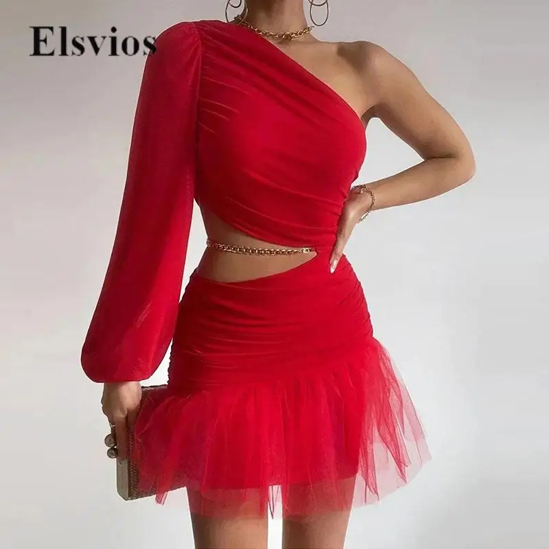 

Сексуальное Лоскутное Сетчатое платье на одно плечо с оборками, элегантное женское облегающее платье, модное дизайнерское однотонное ажурное мини-платье