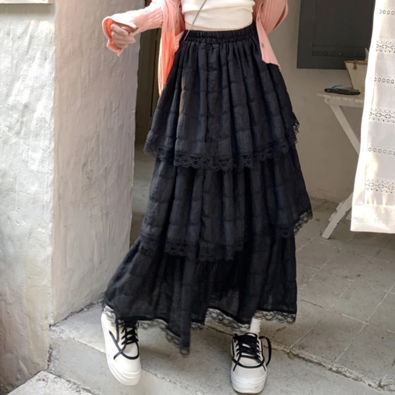 

White Black Long Skirt Women Crochet Lace Skirt 2024 Goth Lolita Summer High Waisted High Low Ruched Ruffle Pleated Skirts Rok