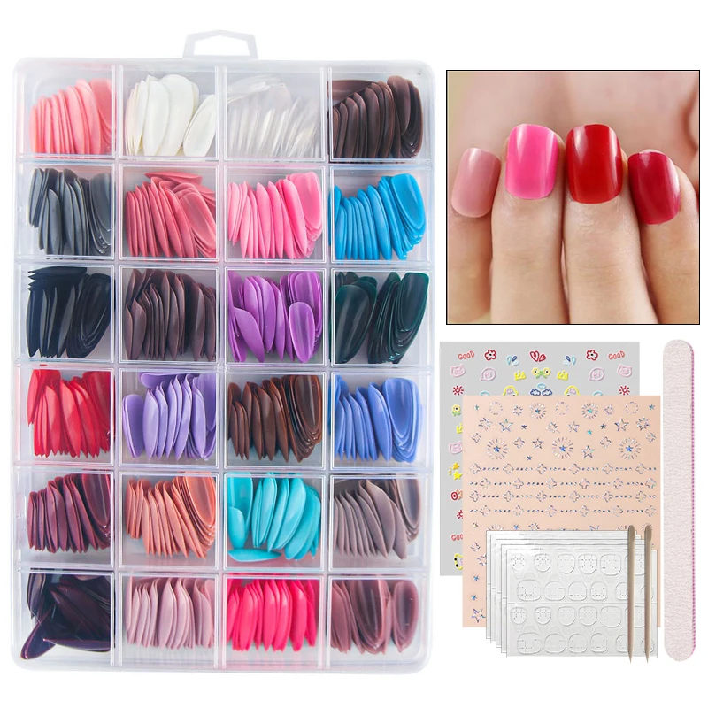 

576 Pcs DIY Fake Nail Kits Short Press on Nails 24 Colors False Nail Tips Decorated Nails Stickers Toe Press on Nails