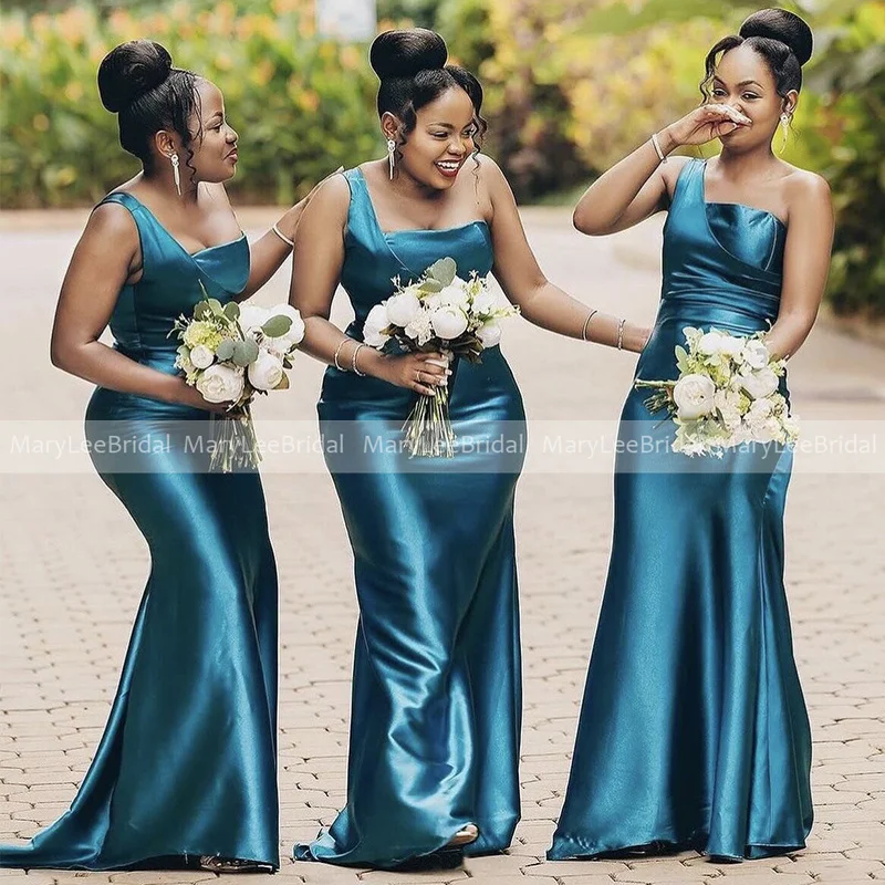 

Simple One Shoulder Blue Bridesmaid Dresses Pleated Satin Plus Size Women Robes Mermaid Wedding Party Dress Maid Of Honor Gowns