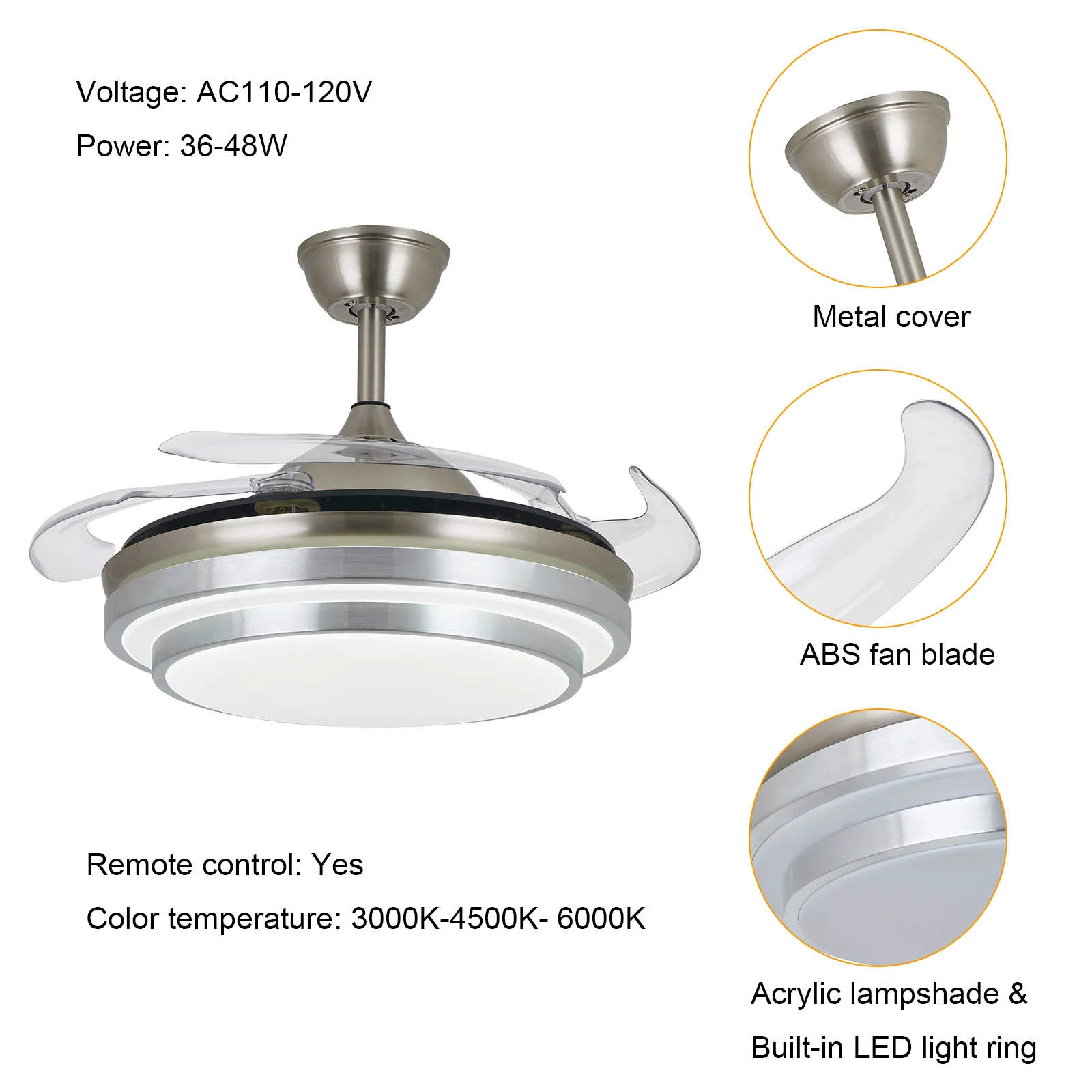 OUKANING Modern 36''Ceiling Fan Light LED Dimmable Retractable Blade Chandelier with Remote + 3 Color OUKANING Modern 36''Ceiling Fan Light LED Dimmable Retractable Blade Chandelier with Remote + 3 Color