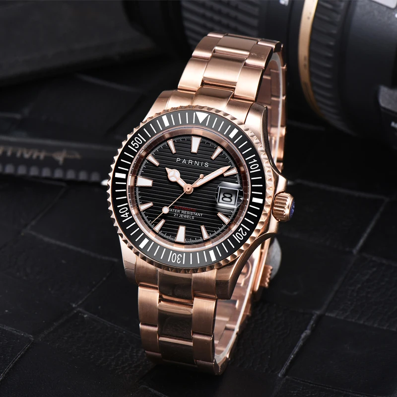 

2024 New Parnis 40mm Rose Gold Automatic Mechanical Watches Men Sapphire Crystal Calendar Men's Watch Relogio Masculino Clock