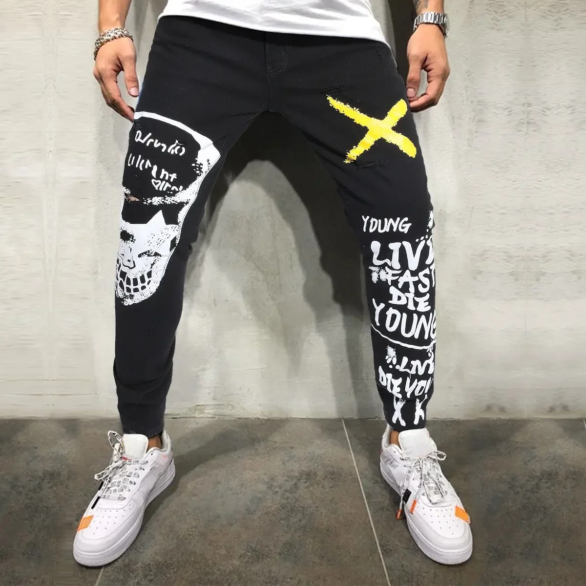 

Джинсы-Карандаш мужские рваные, Стрейчевые брюки из денима, зауженные, с надписью, модная уличная одежда, Y2K, черные