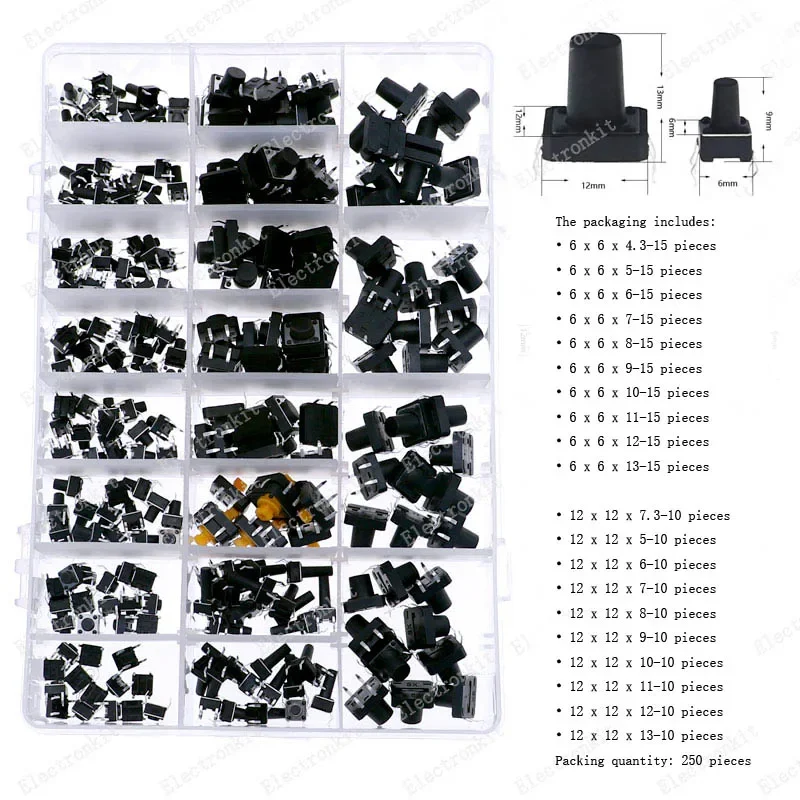 

Micro Switch Assorted Push Button Tact Switches Reset Mini Leaf Switch ON-OFF Power SMD DIP 2*4 3*6 4*4 6*6 12*12 DIY Kit