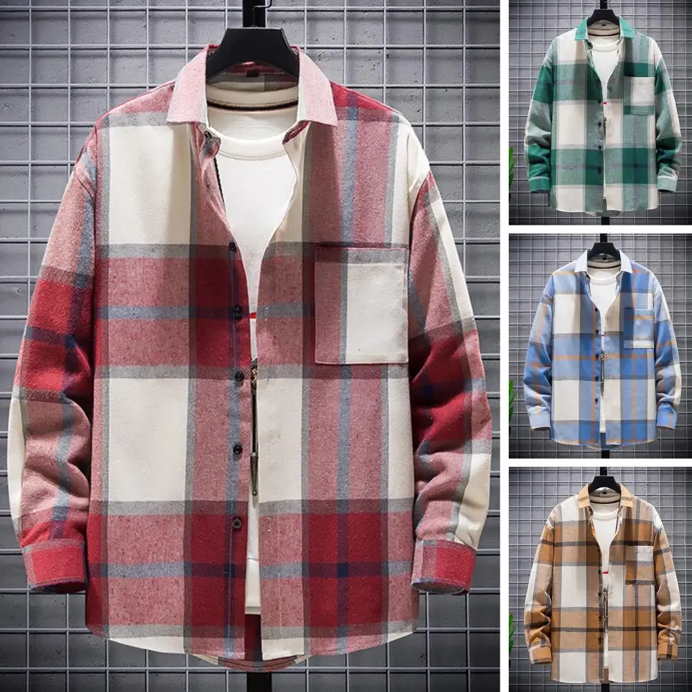 

Men Shirt Jacket Stylish Men's Plaid Shirt Coat with Turndown Collar Loose Fit for Autumn Winter Fashion Cozy Streetwear for A