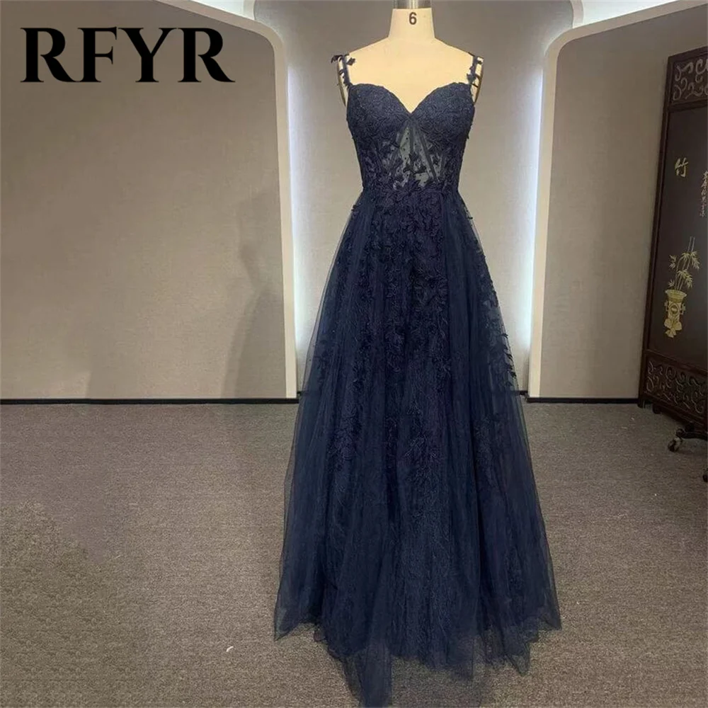 

RFYR Navy Blue Prom Dress Sweetheart Pleated Lace Long Evening Dress Spaghetti Strap Tulle فستان سهرة With Appliques Party Dress