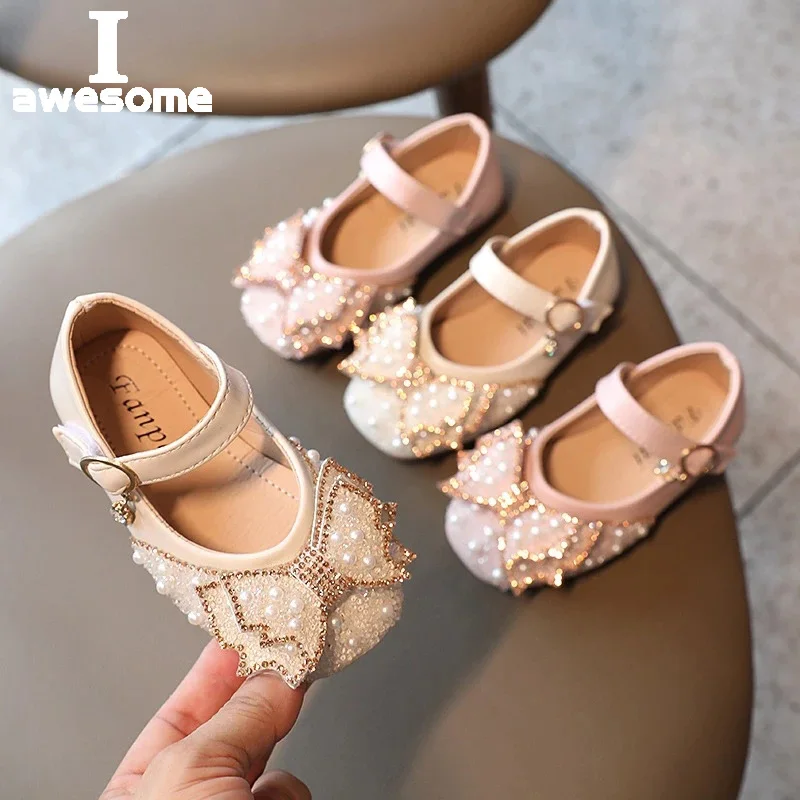 

New Party Shoes For Kids Girls Childrens Pearl Rhinestones Shining Princess Shoes Baby Fashion Leather Flat Shoes For Wedding