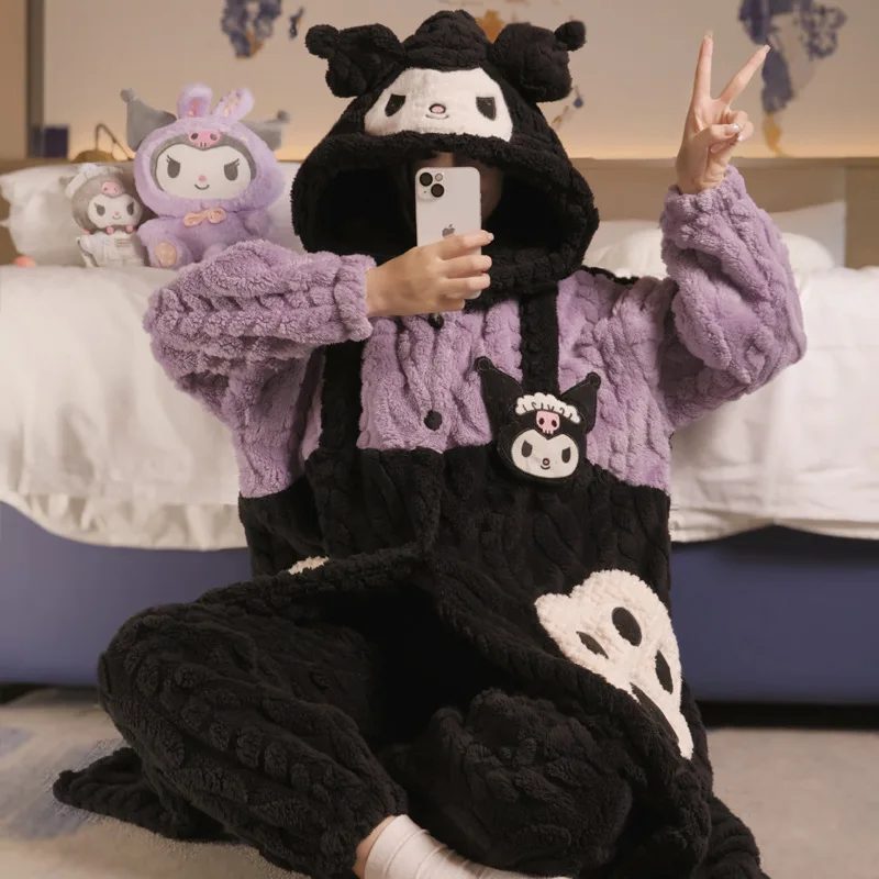 

Kawaii Sanrio хобби аниме Hangyodon Kuromi Cinnamoroll зимняя женская Коралловая бархатная утепленная ночная рубашка домашний комплект одежды