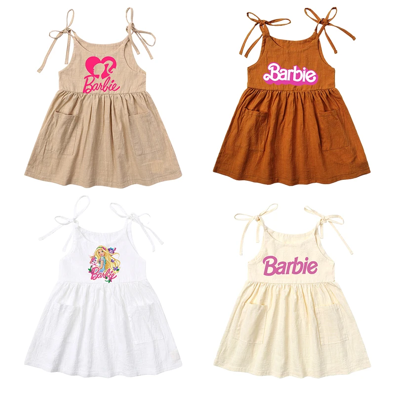 

Kawaii Barbie Children Sleeveless Slip Dress Anime Cartoon Sweet Summer Kids Girls Cotton Linen Camisole Dresses Baby Skirt Gift