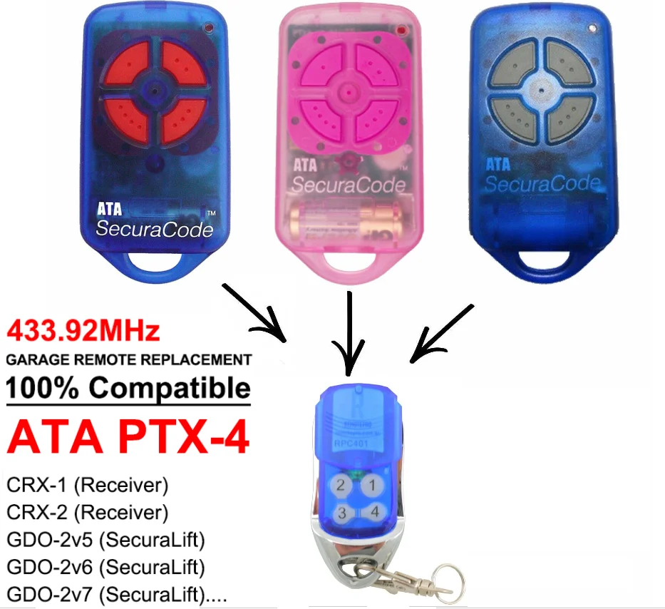 

Clone For ATA PTX4 PTX-4 Securacode 4 Button Garage Gate Door Remote Control Transmitter 433.92MHz Rolling Code Opener Receiver