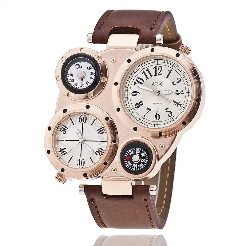 

NEW 2024 Military Quartz Watch Men's Deco Compass Stylish Army Leather Strap Sport Modern Double Movement Big Wrist Watches