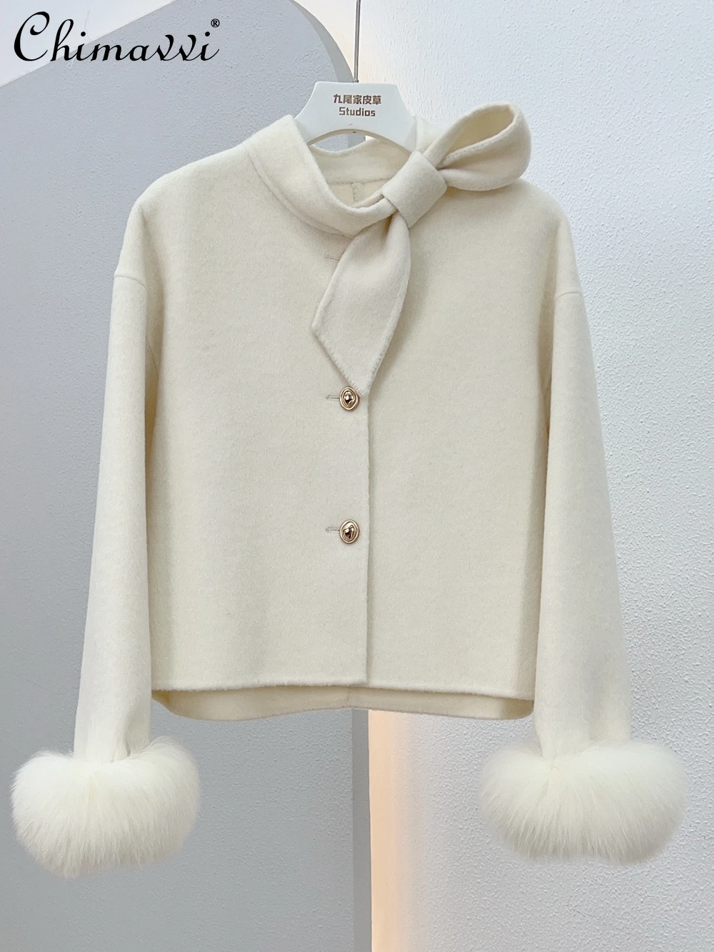 

New 2023 Winter Coat Fashion Bowknot Short Cuff Fox Fur Fur Double-Faced Woolen Goods Cashmere Overcoat Jackets for Women