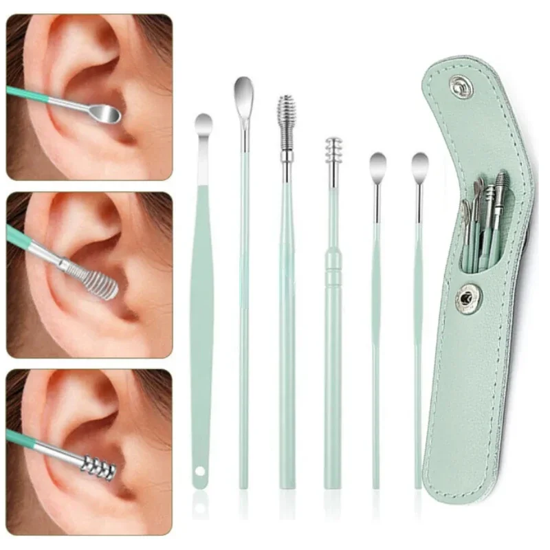 

New 6Pcs/set Stainless Steel Ear Spong Pickers Earpick Wax Remover piercing kit earwax Curette Spoon Care Ear Clean Tool