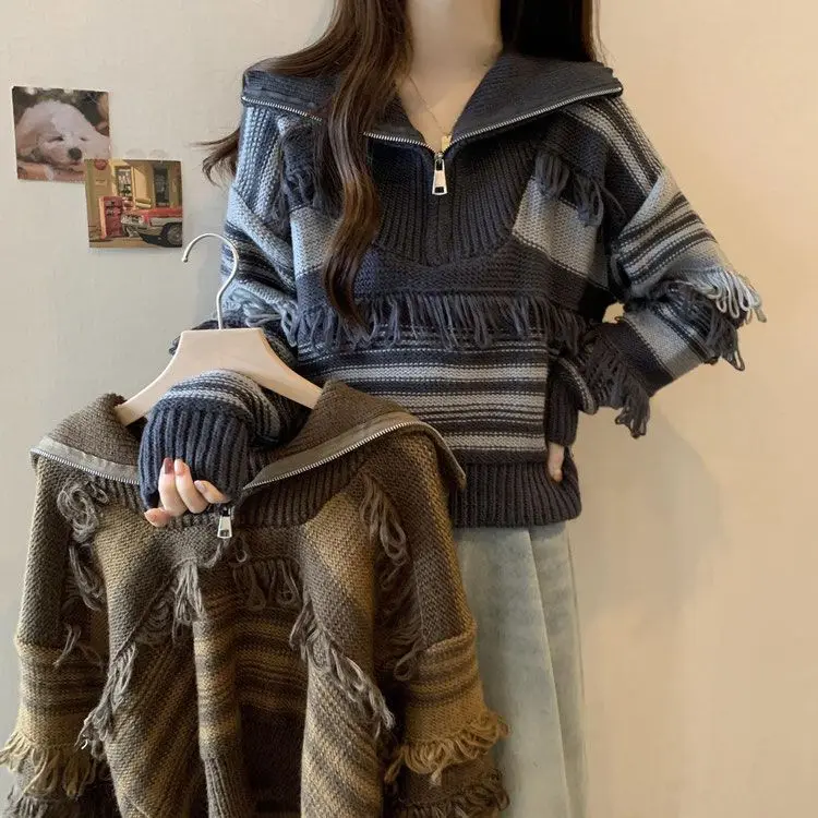 Gidyq Vintage Tassel Knitted Sweater Korean Women Loose Cropped Jumper Casual Female Stripe Zipper Pullover Tops Autumn New
Gidyq Vintage Tassel Knitted Sweater Korean Women Loose Cropped Jumper Casual Female Stripe Zipper Pullover Tops Autumn New
