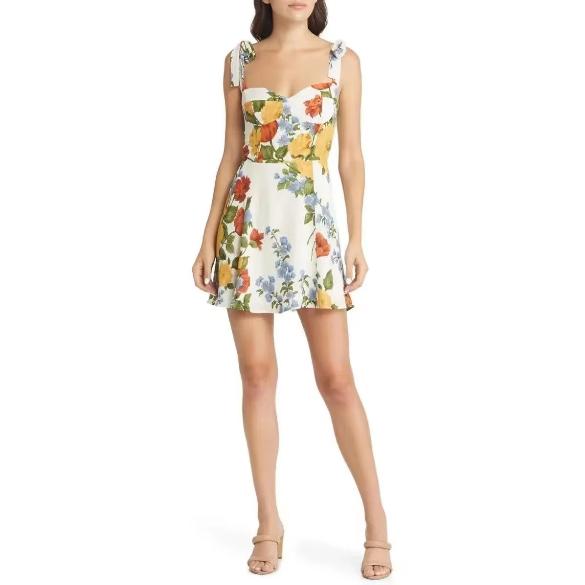 

Summer Dresses For Women 2023 Sweetheart Neck Sleeveless Ruffles Floral Print Mini Dress Woman Vacation Beach Style Sundress