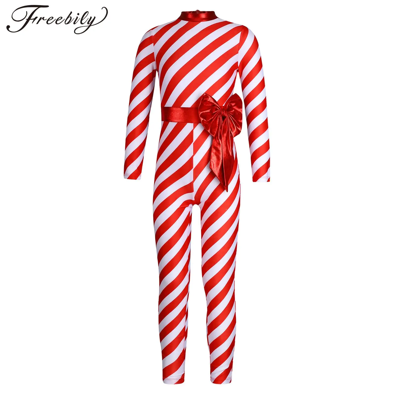 

Kids Girls Christmas Candy Cane Costume One-Piece Striped Big Bow Ballet Dance Gymnastic Unitard Jumpsuit for Xmas Holiday Party
