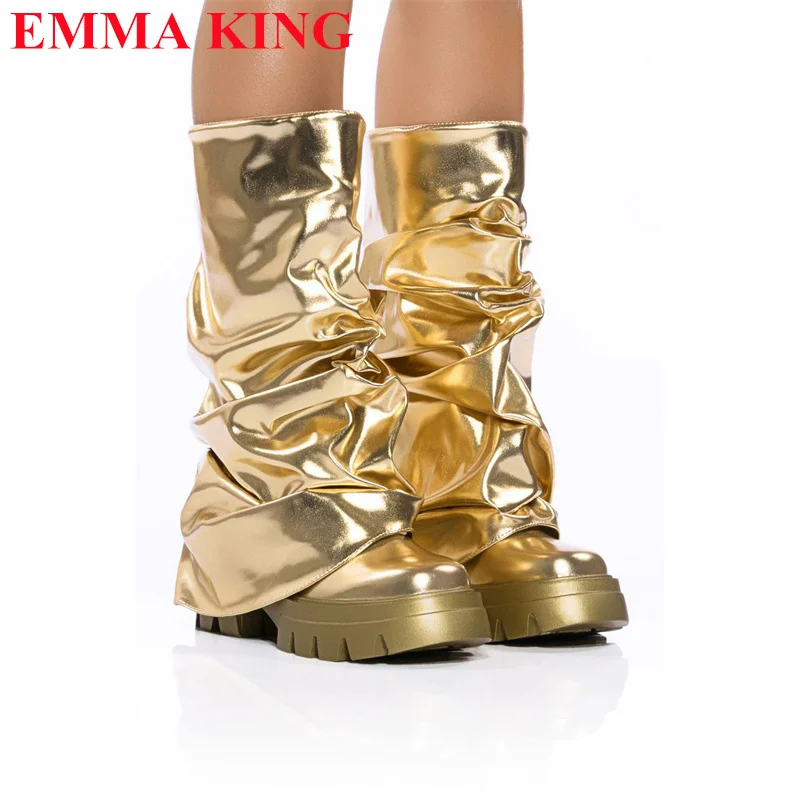 

Women's Gold Silver Metallic Leather Mid Calf Boots Round Toe Thick Sole Pleated Pants Boots Winter Autumn Casual Shoes Woman