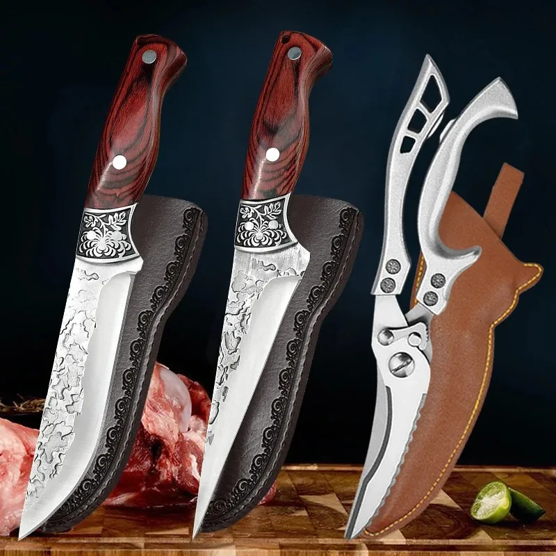 

Набор кованых кухонных ножей шеф-повара, набор из нержавеющей стали для мяса, рыбы, фруктов, косточек, кухонные ножницы, мясника, мясника, ножи с крышкой