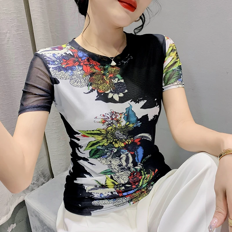 2022 Summer Mesh Print Positioning Flower Short Sleeve Round Neck Slim Top Fashion Tee Women Clothes High Strecth T Shirt
2022 Summer Mesh Print Positioning Flower Short Sleeve Round Neck Slim Top Fashion Tee Women Clothes High Strecth T Shirt