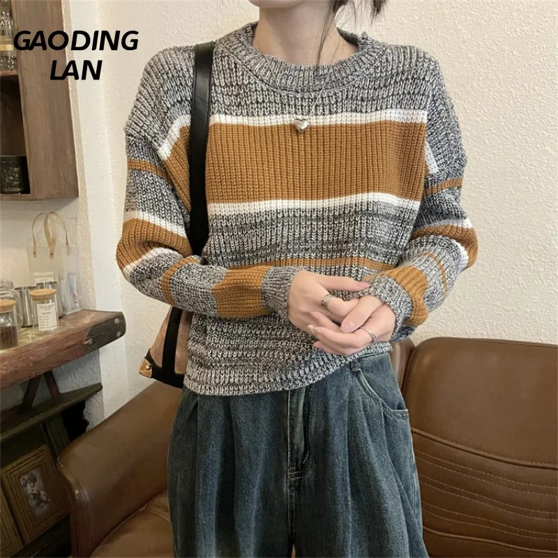 

Real Shoot Contrasting Stripes Women Long Sleeve Sweaters Autumn Winter Lazy Vintage Knit Crop Tops O Neck Bottom Sweater Korean