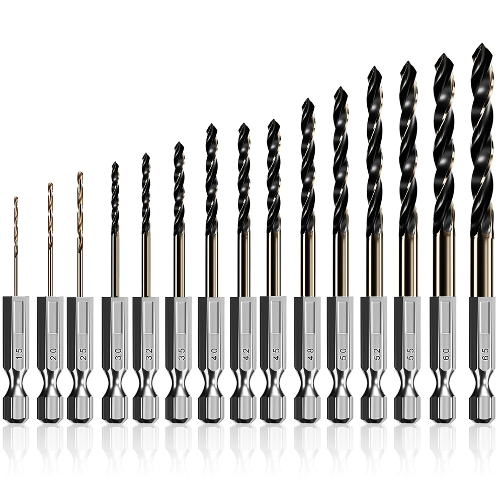 

15PCS Set 1.5-6.5mm Twist Drill Bit Set HSS Cobalt Metal Hole Cutter Core Drilling Double Screw Woodworking Tools Hex Drill Bits