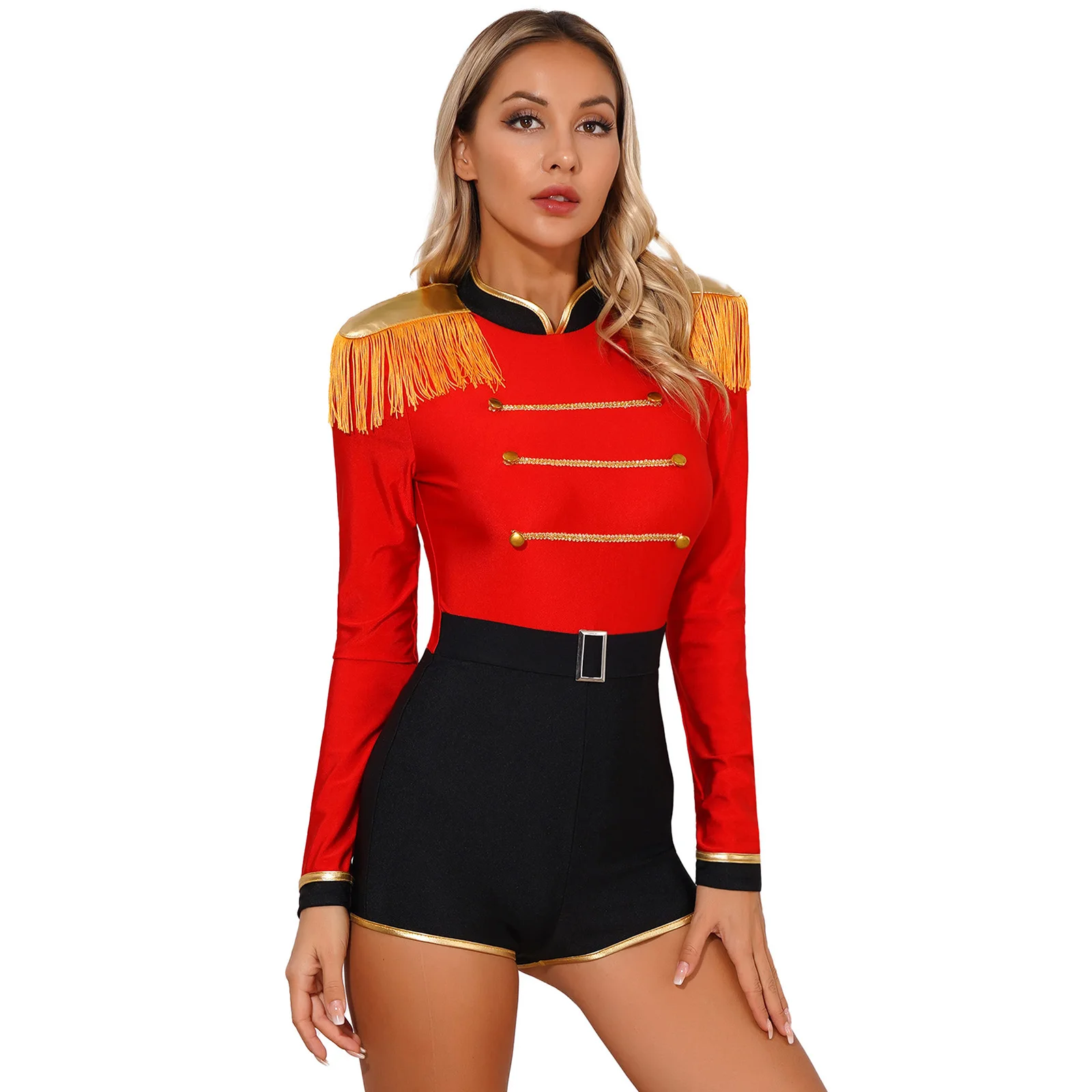 

Womens Circus Ringmaster Jumpsuit Halloween Carnival Theme Party Role Play Costume Long Sleeve Velvet Fringed Cosplay Bodysuit