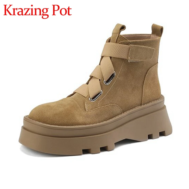 Krazing Pot New Cow Suede Round Toe Thick High Heels Motorcycles Boots Thick Bottom Safari Style Cross-tied Slip on Ankle Boots
Krazing Pot New Cow Suede Round Toe Thick High Heels Motorcycles Boots Thick Bottom Safari Style Cross-tied Slip on Ankle Boots