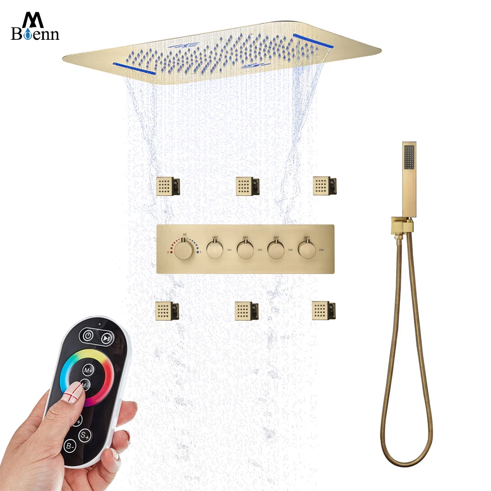 

M Boenn 4 Functions Brushed Gold Shower System Set Embedded Rain LED Shower Head Smart 38° Thermostatic Mixer Bathroom Faucets