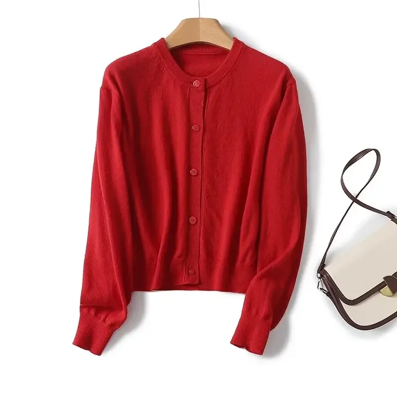 

Трикотажный жакет Maxdutti, женский минималистский двубортный свитер, женские топы, модные женские однотонные красные кардиганы