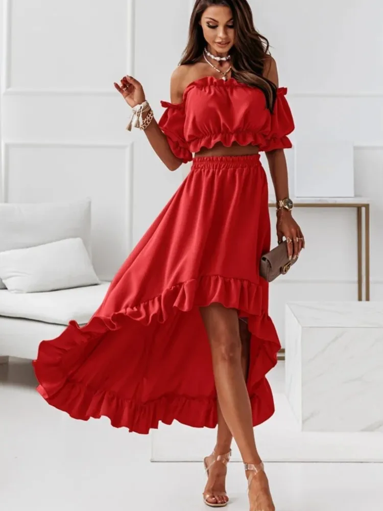 

New Summer Elegant Gown Sexy Puff Sleeve Waistless Dress Boat Neck Long Dresses For Women 2 Pieces Vestido Feminino