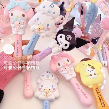 Hello Kitty Hand-held Makeup Mirror Sanrio Anime Cinnamoroll Kuromi Kawaii Massage Air Comb Cartoon Girl Portable Gift