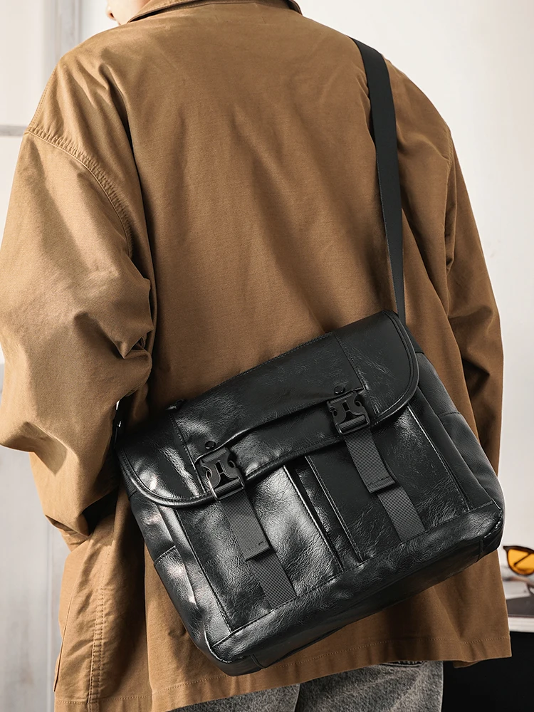 

Causal Workwear Black Leather Men Shoulders Bag Urban Street Commuter Crossbody Messenger Bag Vintage Men Travel School Bag